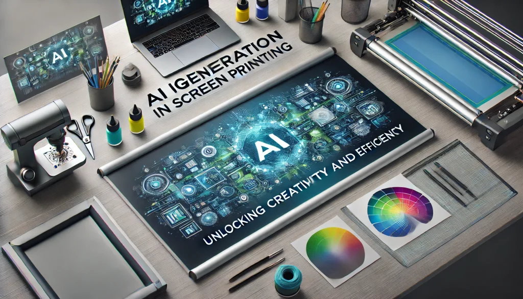 A modern and professional banner for a blog post about AI Image Generation in Screen Printing